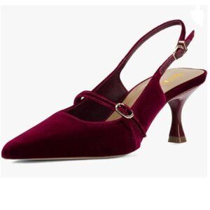 Pazzion Wine Closed Toe Slingback Pumps Mid Heel Ankle Strap Buckled Sandals
